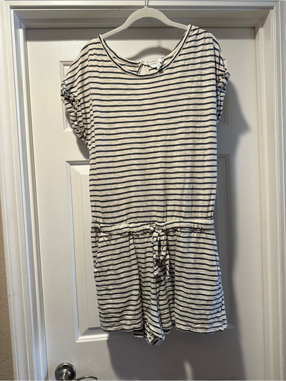 Time and Tru Cream and Navy Striped Short-Sleeve Romper